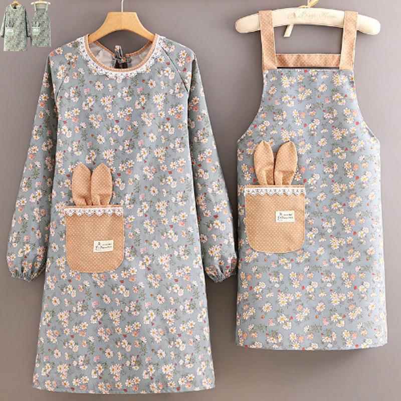 新款围裙竹节棉时尚碎花厨房家用做饭围裙加大防水防污可爱女围腰
