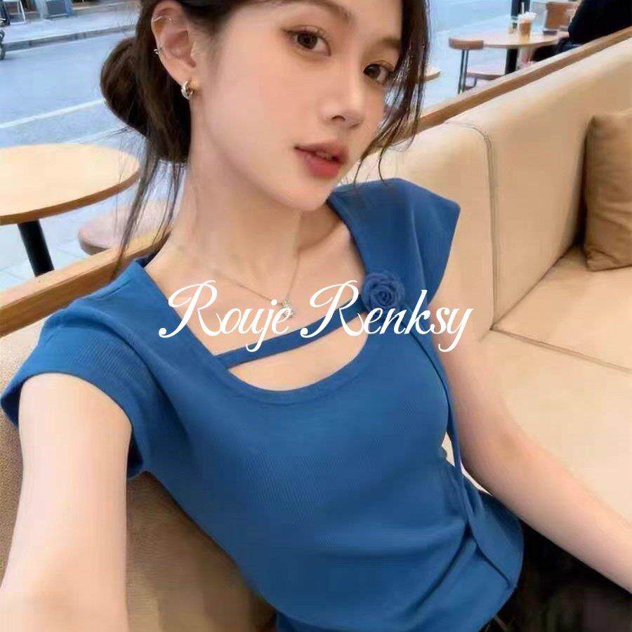 法国Rouje Renksy法式通勤蓝色立体花朵短袖t恤女夏修身气质上衣