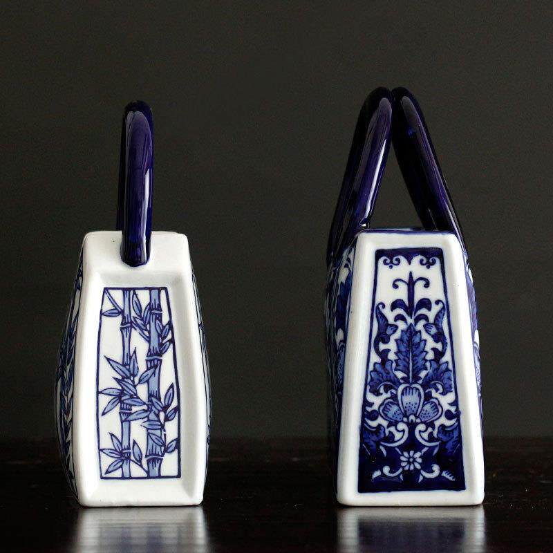 新中式青花布袋花盆花瓶家居客厅青花瓷装饰品插花器中式陶瓷摆件