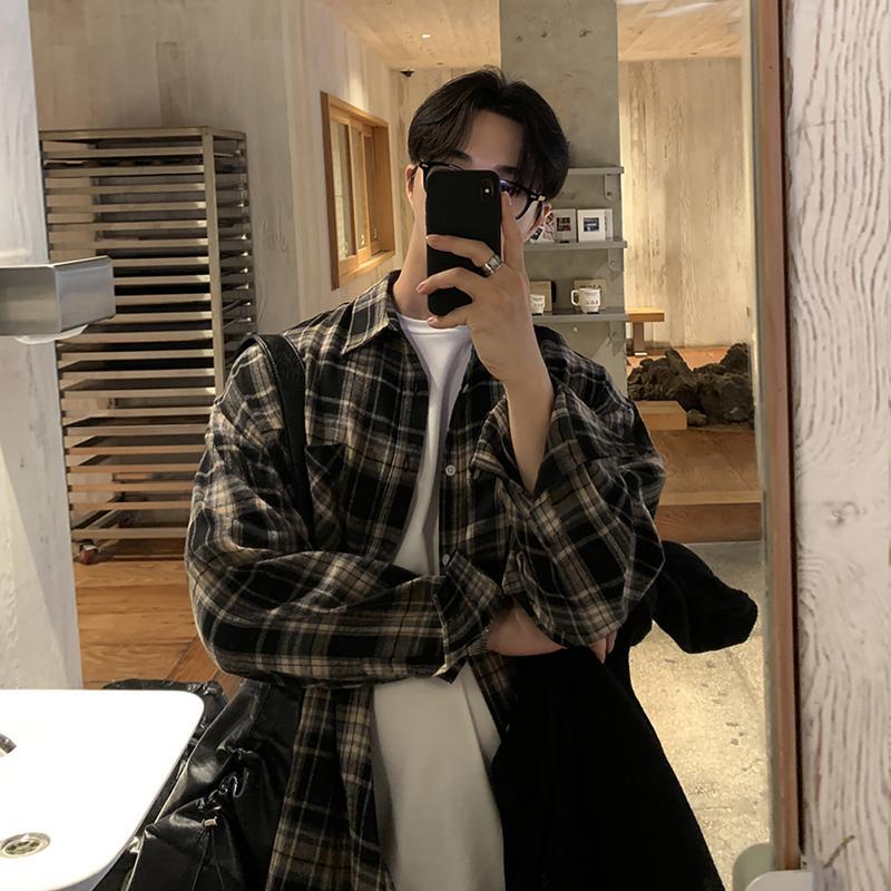碧舍复古休闲宽松痞帅格子衬衫设计感潮流翻领长袖百搭衬衣外套男