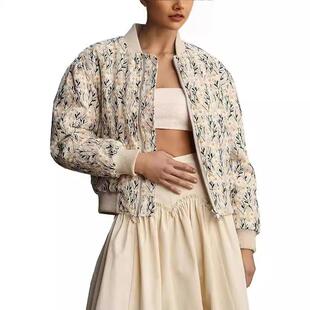 Women Ramie Linen Embroidered Daisy Cropped Bomber Jacket