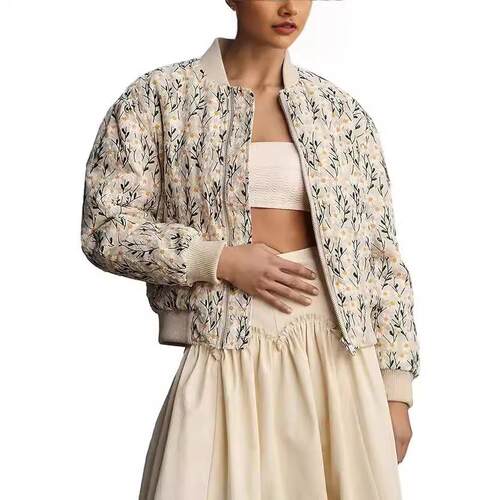 Women Ramie Linen Embroidered Daisy Cropped Bomber Jacket