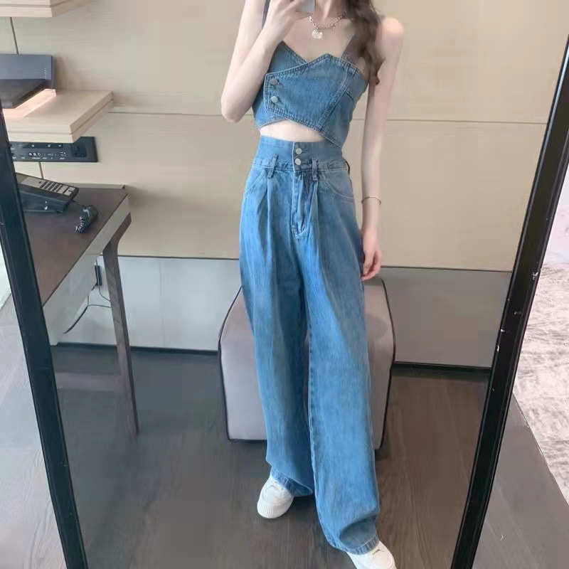 2025牛仔套装女短款小吊带背心抹胸上衣+高腰阔腿拖地长裤两件套