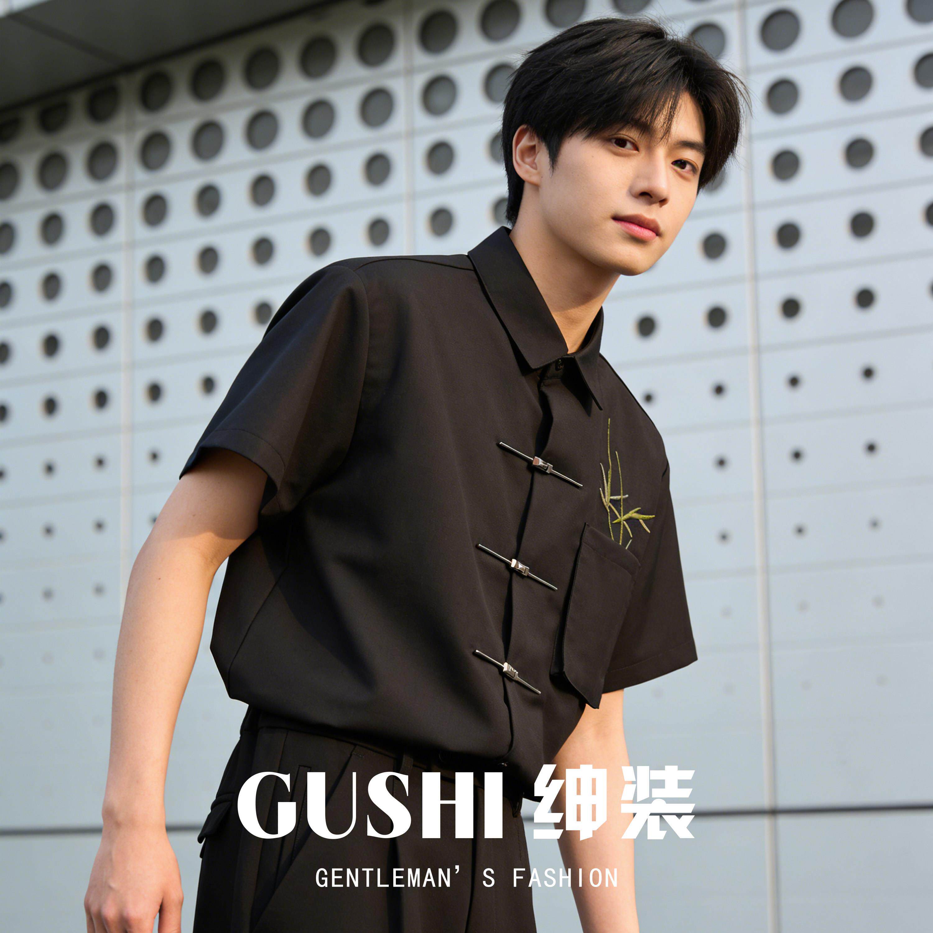 翻领盘扣衬衫男竹枝刺绣新中式短袖衬衣新郎领证订婚休闲通勤上衣