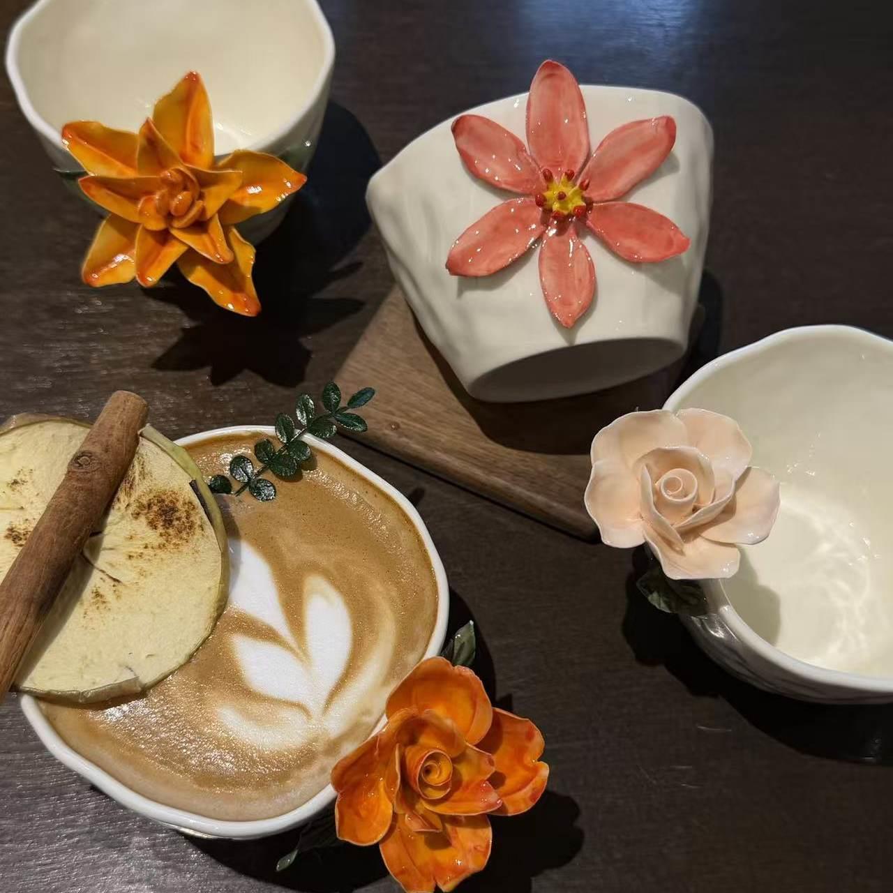 法式立体浮雕花朵陶瓷马克杯手工装饰手握咖啡杯牛奶杯办公水杯