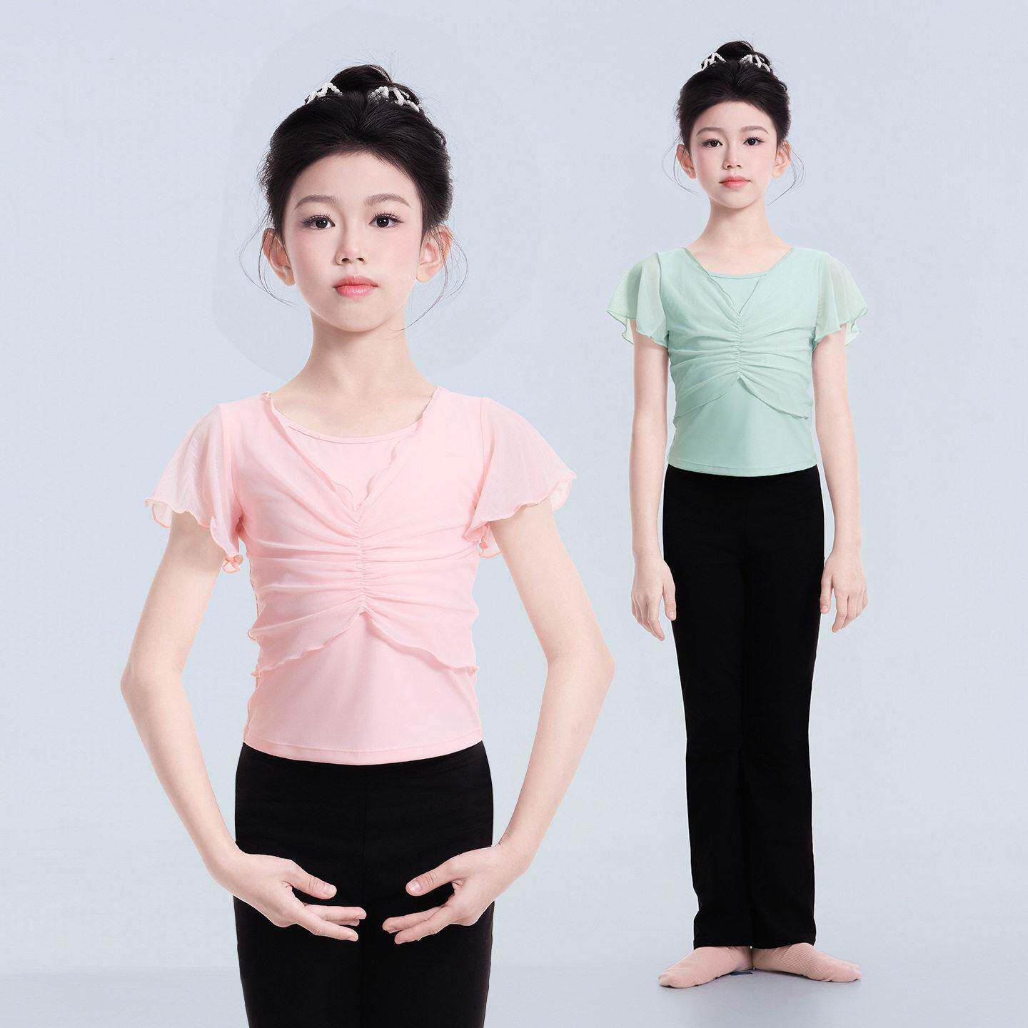 儿童舞蹈服短袖假两件纱衣罩衫练功服上衣儿童芭蕾跳舞基训形体服