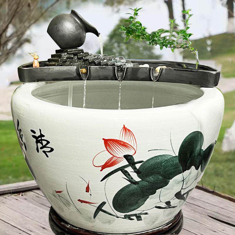 创意客厅石槽鱼池喷水循环流水器水景摆件陶瓷鱼缸装饰造景配件