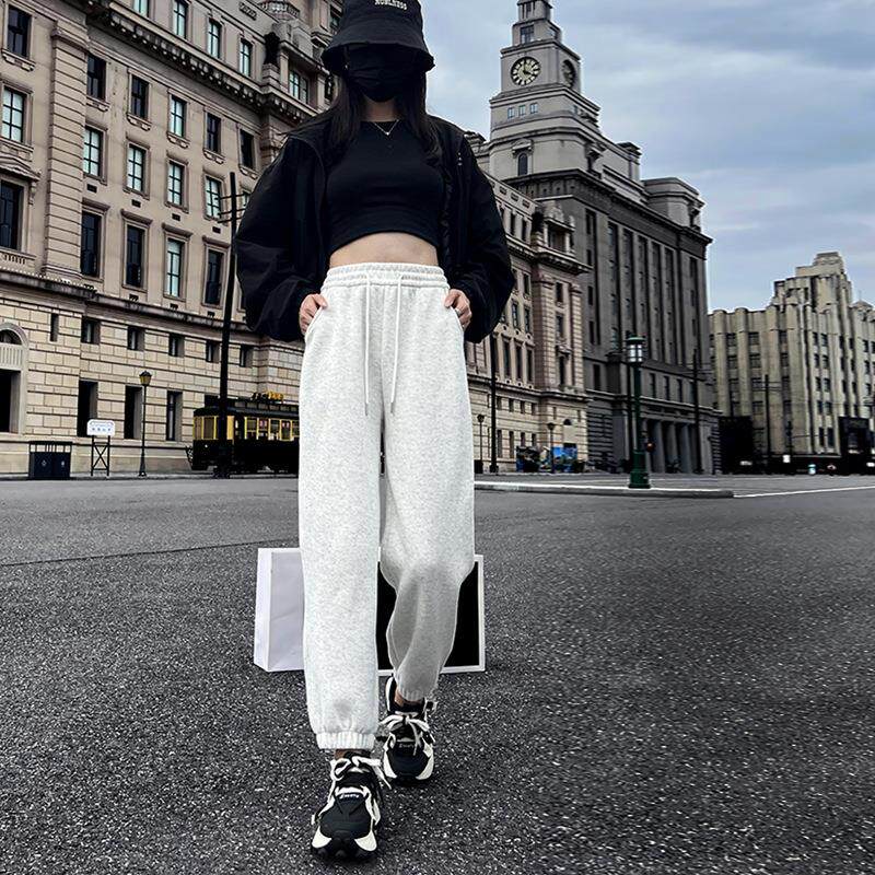 灰色运动裤女秋冬季加绒加厚小个子百搭九分束脚卫裤加绒保暖