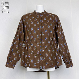 2024韫yun春季女装圆领长袖，印花竖条纹大版显瘦收腰立领衬衫