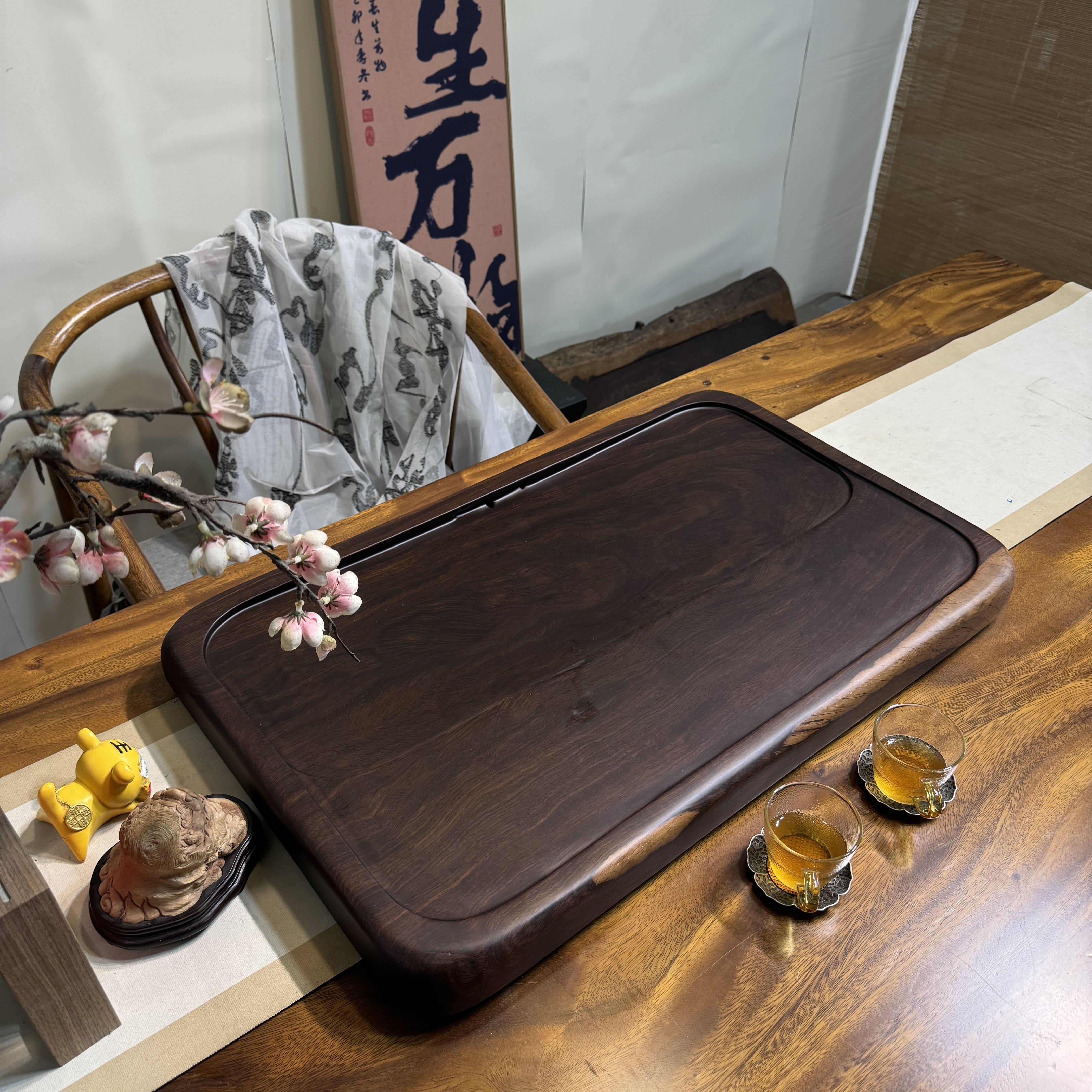 简约原木茶盘家用整块黑檀实木茶台功夫茶具排水式 可定制尺寸