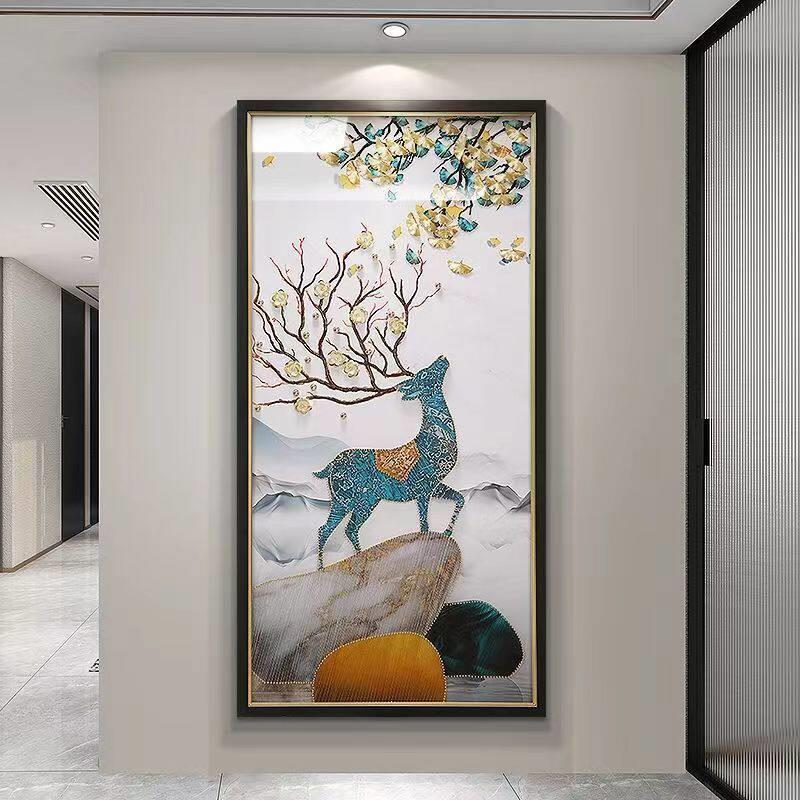 定制挂画入户玄关装饰画纯手工立体实物画高端大气客厅画一鹿高升