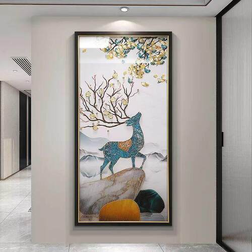 定制挂画入户玄关装饰画纯手工立体实物画高端大气客厅画一鹿高升