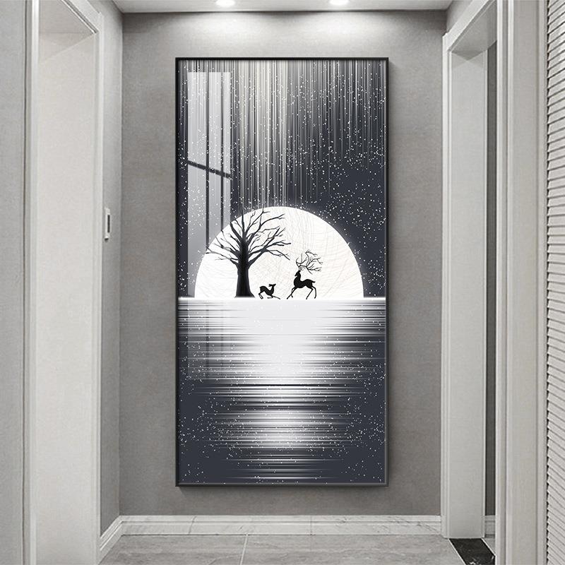 入户玄关装饰画竖版现代简约走廊过道壁画新款寓意好麋鹿挂画