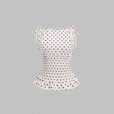 Women Polka Dot Bow Shoulder Strap Gathered Waist Pleated