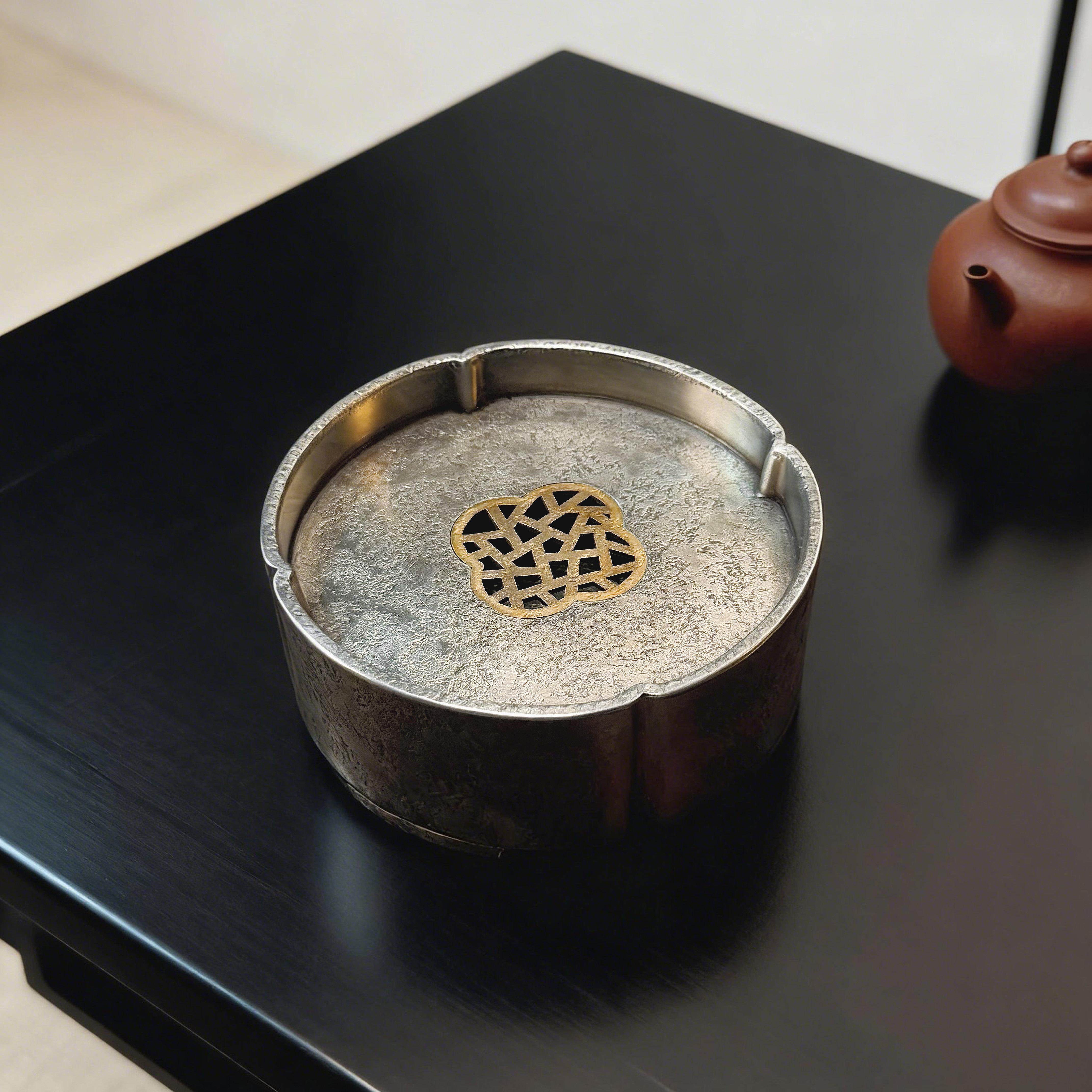 纯锡手工葵口圆形小壶承潮汕功夫茶茶船储水倭角茶盘蓄水12x4.8cm