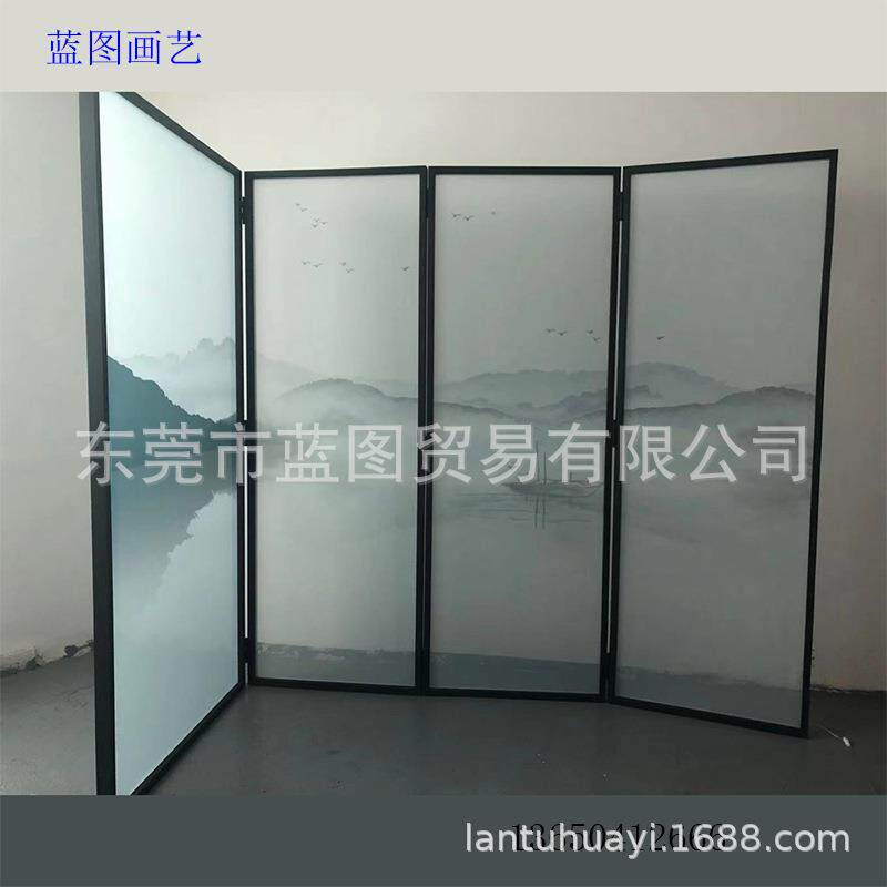 折叠半透明纱画屏风玄关隔断酒店大堂办公商用会议接待室屏风隔断