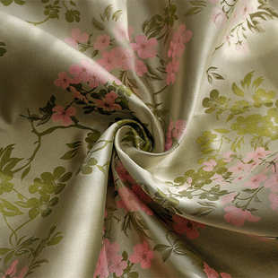 色织古风唯美织锦桃花缎提花面料小清新青绿色女装手拿包鞋服面料