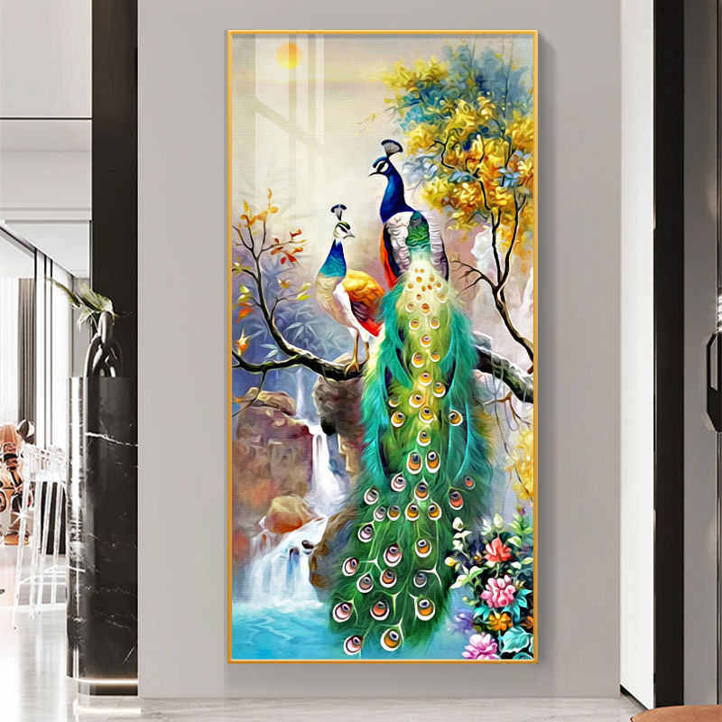 吉祥孔雀轻奢玄关装饰画现代简约入户走廊过道墙竖版晶瓷镶钻挂画