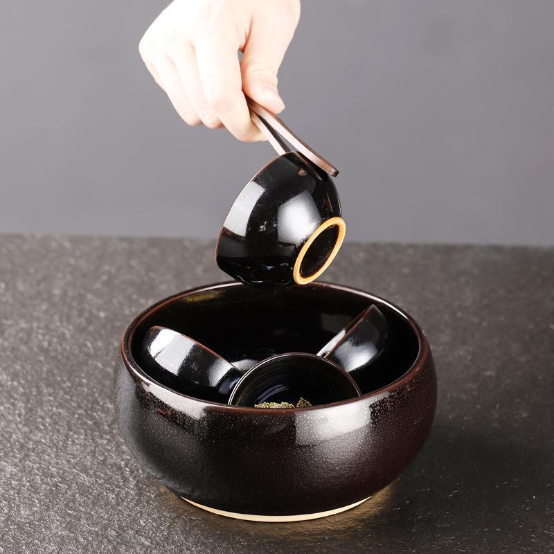 黑陶金木叶茶洗大号家用茶缸陶瓷茶渣缸茶具配件中式水盂建水茶具