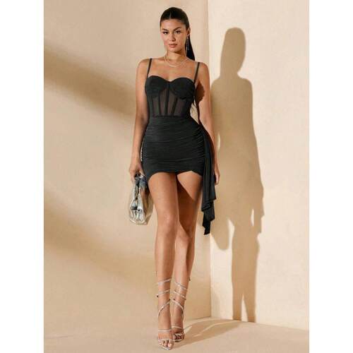 J 72542 Mesh backless slip dress 网纱露背吊带长裙跨境外