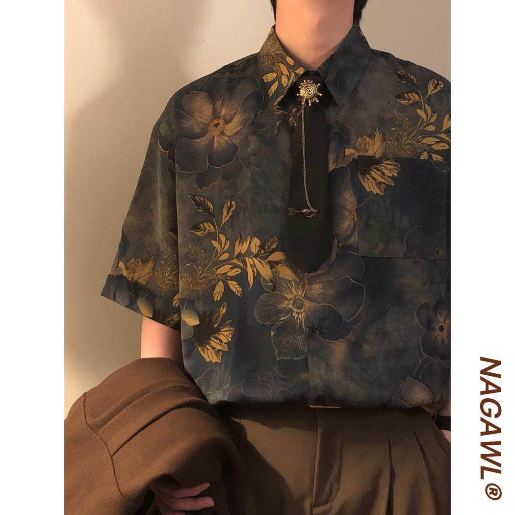 NAGAWL夏季美式潮牌休闲新中式古著感港风印花衬衫领带短袖上衣男