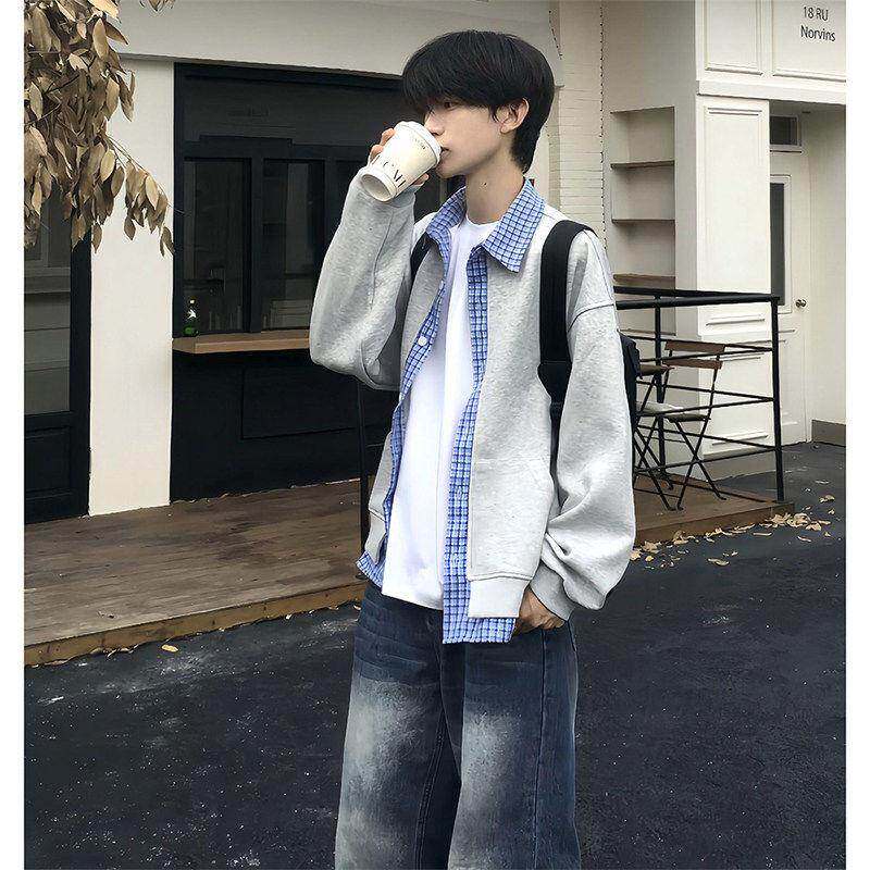 韩系灰色少年感卫衣男2026春季格子拼接穿搭学院风假俩件开衫外套