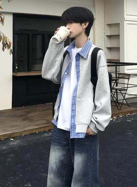 韩系灰色少年感卫衣男2026春季格子拼接穿搭学院风假俩件开衫外套