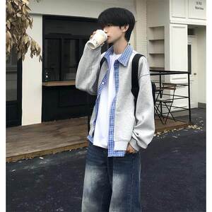 韩系灰色少年感卫衣男2026春季格子拼接穿搭学院风假俩件开衫外套
