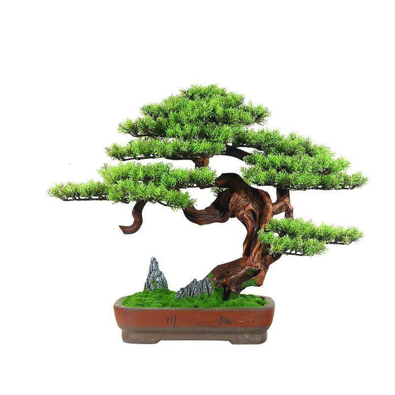 新中式仿真迎客松摆件售楼处样板间酒店禅意茶几玄关崖柏绿植盆景