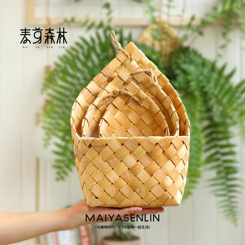 北欧编织篮田园壁挂花篮厨房姜蒜收纳筐复古手提杂货厨具阳台吊篮
