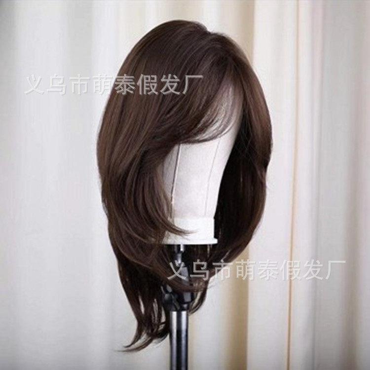 新款直销外贸欧美女士假发斜刘海长卷发红棕色梨花内扣中长发多色