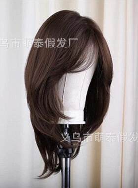 新款直销外贸欧美女士假发斜刘海长卷发红棕色梨花内扣中长发多色