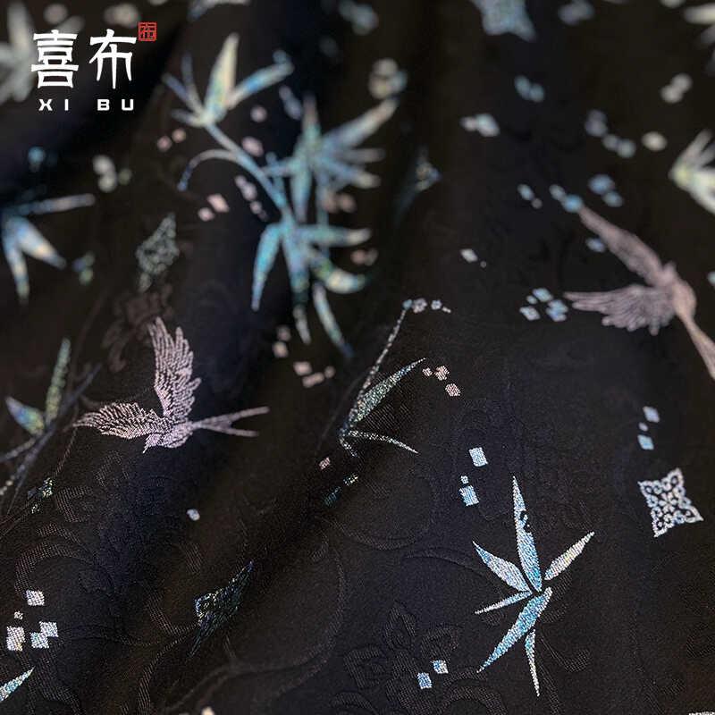 新款比翼竹叶花织锦缎面料银丝炫彩黑底蓝提花衣设计装饰汉服布料