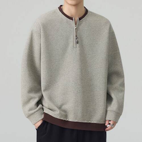 秋季假两件撞色圆领卫衣男士春秋新款复古宽松休闲半拉链长1005d