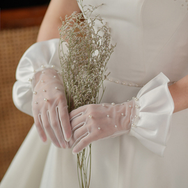 WG087手工钉珠婚纱手套 优雅白色短款新娘结婚礼服影楼拍照晚宴女