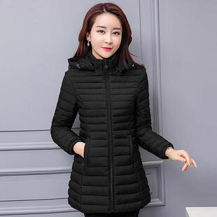 轻薄款修身冬季中长款羽绒棉衣女外套黑色连帽棉袄棉服妈妈中老年