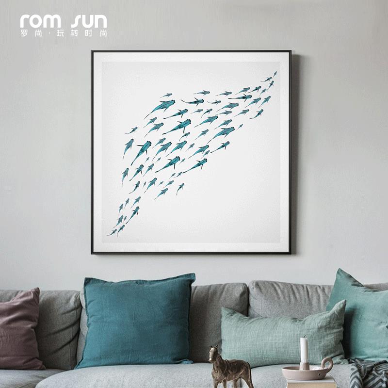 书房装饰画现代简约北欧风格小鱼正方形大画玄关客厅沙发背景墙画图片