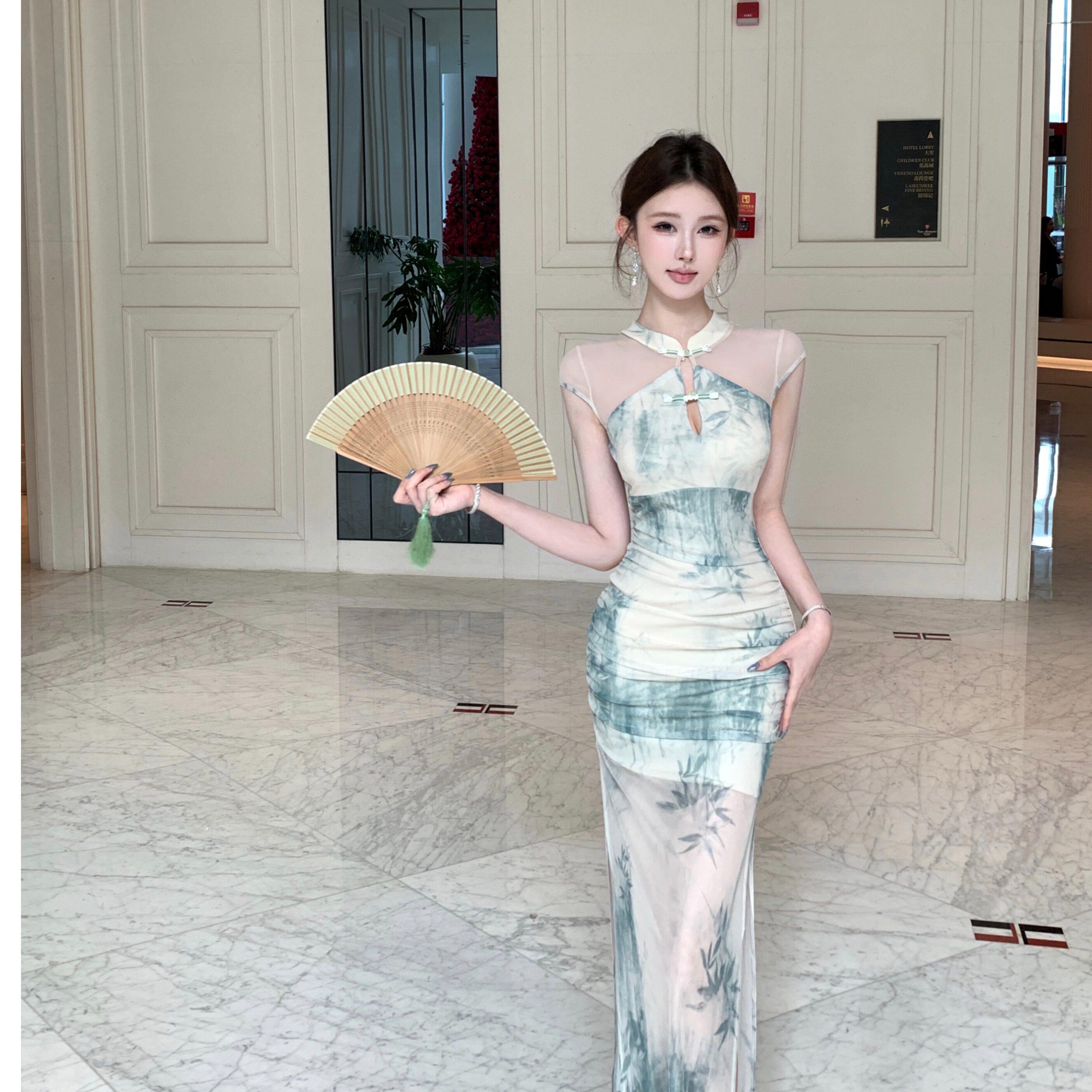 2026夏季女改良年轻款旗袍性感纯欲开叉网纱拼接长裙新中式连衣裙