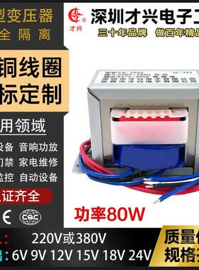 才兴AC交流电源变压器80W/VA 220V转单/双6V9V12V15V18V24V纯铜