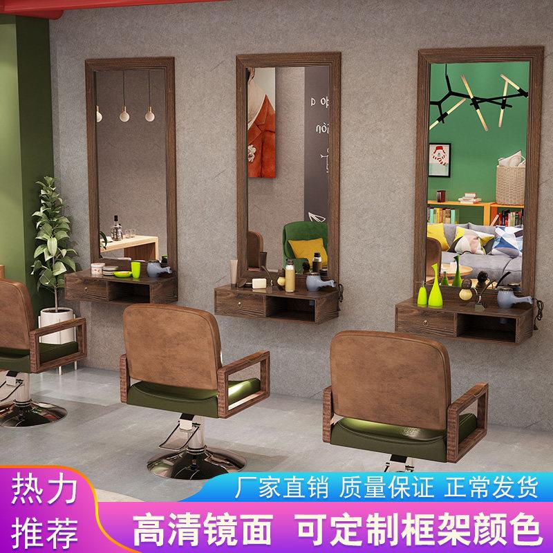 实木复古理髲店镜台壁挂式美发店镜子发廊专用柜子一体单面镜挂墙