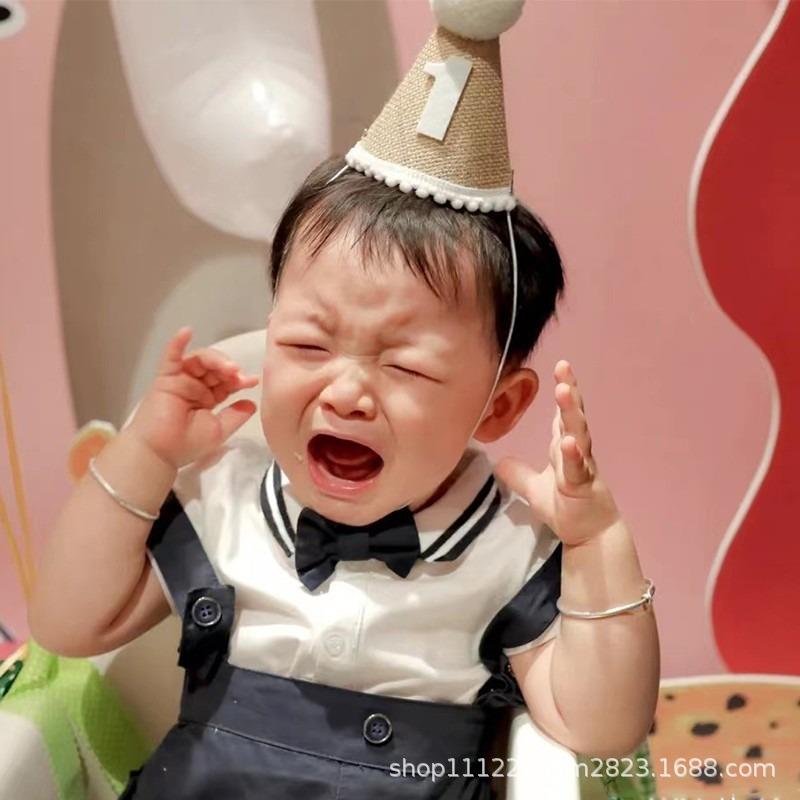 ins麻布生日帽宝宝生日头饰派对拍照道具一1周岁百天装饰场景布置