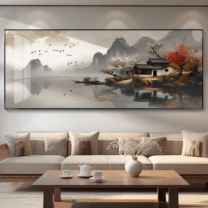 新中式一帆风顺山水画办公室挂画客厅装饰画茶室沙发背景墙水墨画