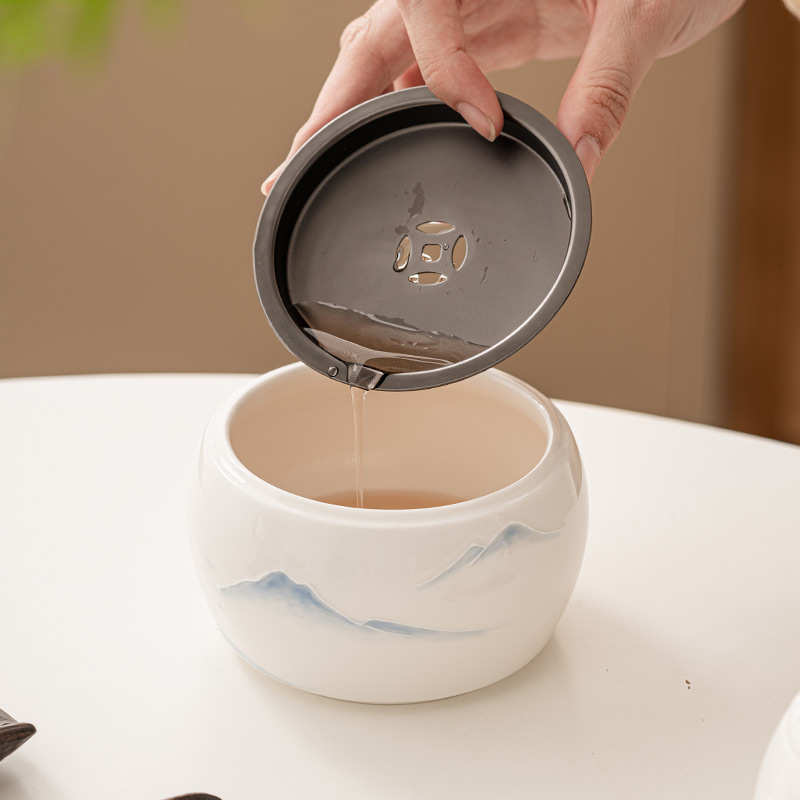 远山手绘白瓷建水茶洗笔洗家用水盂废水缸茶渣缸功夫茶具茶道配件