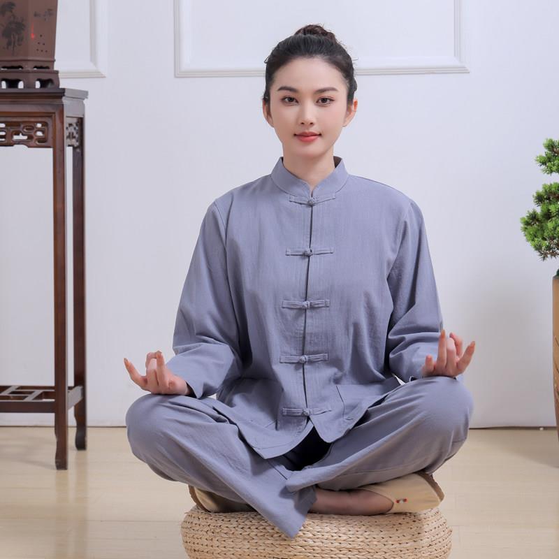 寺院佛衣纯棉海清居士服女佛系禅修服男套装长袖立领复古盘扣纯色