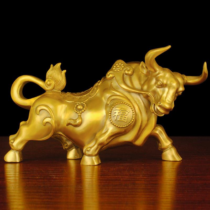 纯铜金钱牛气冲天铜牛摆件财势如虹东北补角黄铜金色牛如意福牛