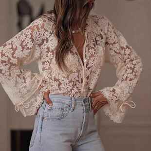 Women Causal Loose Flower V Neck Long Flare Sleeve Buttonup