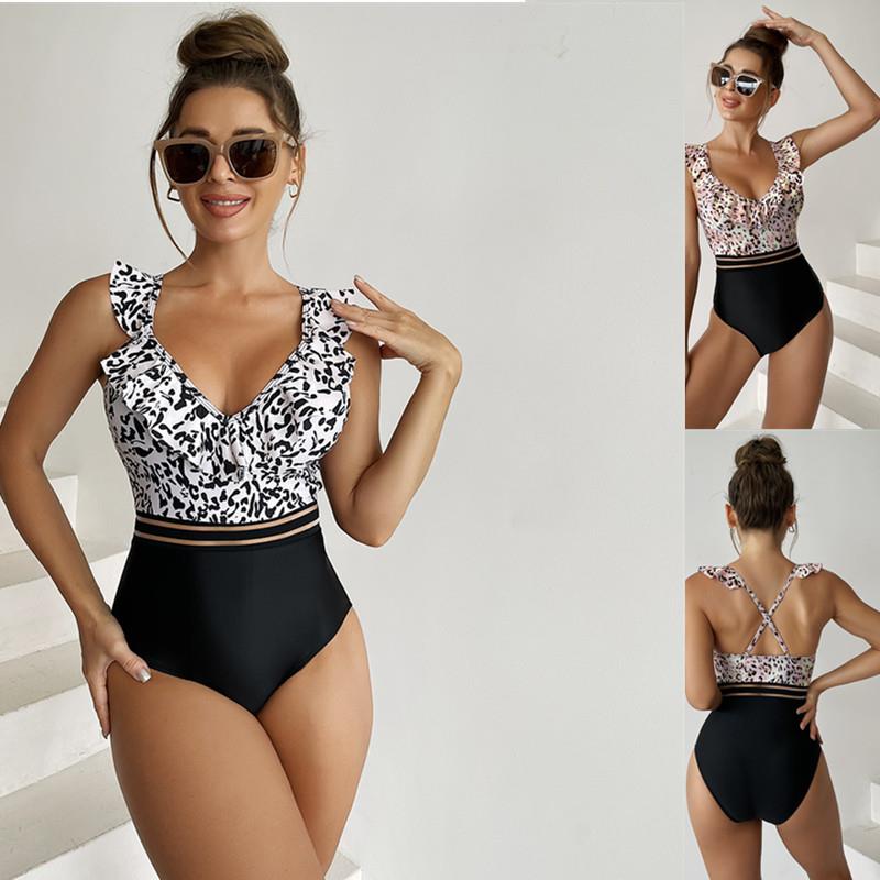 Deep V backless womens swimsuit leopard print one-piece