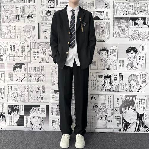 学院风dk男生制服套装徽章西服春秋季青少年痞帅垫肩黑色外套班服