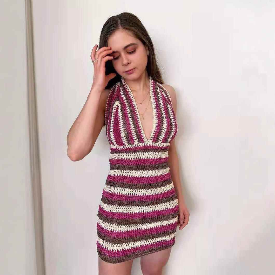 V striped color dress neck deep contrast knitted Exotic