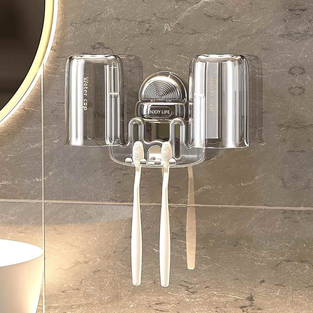 吸盘牙刷架子置物架免打孔电动牙刷漱口杯家庭牙具情侣刷牙杯挂架